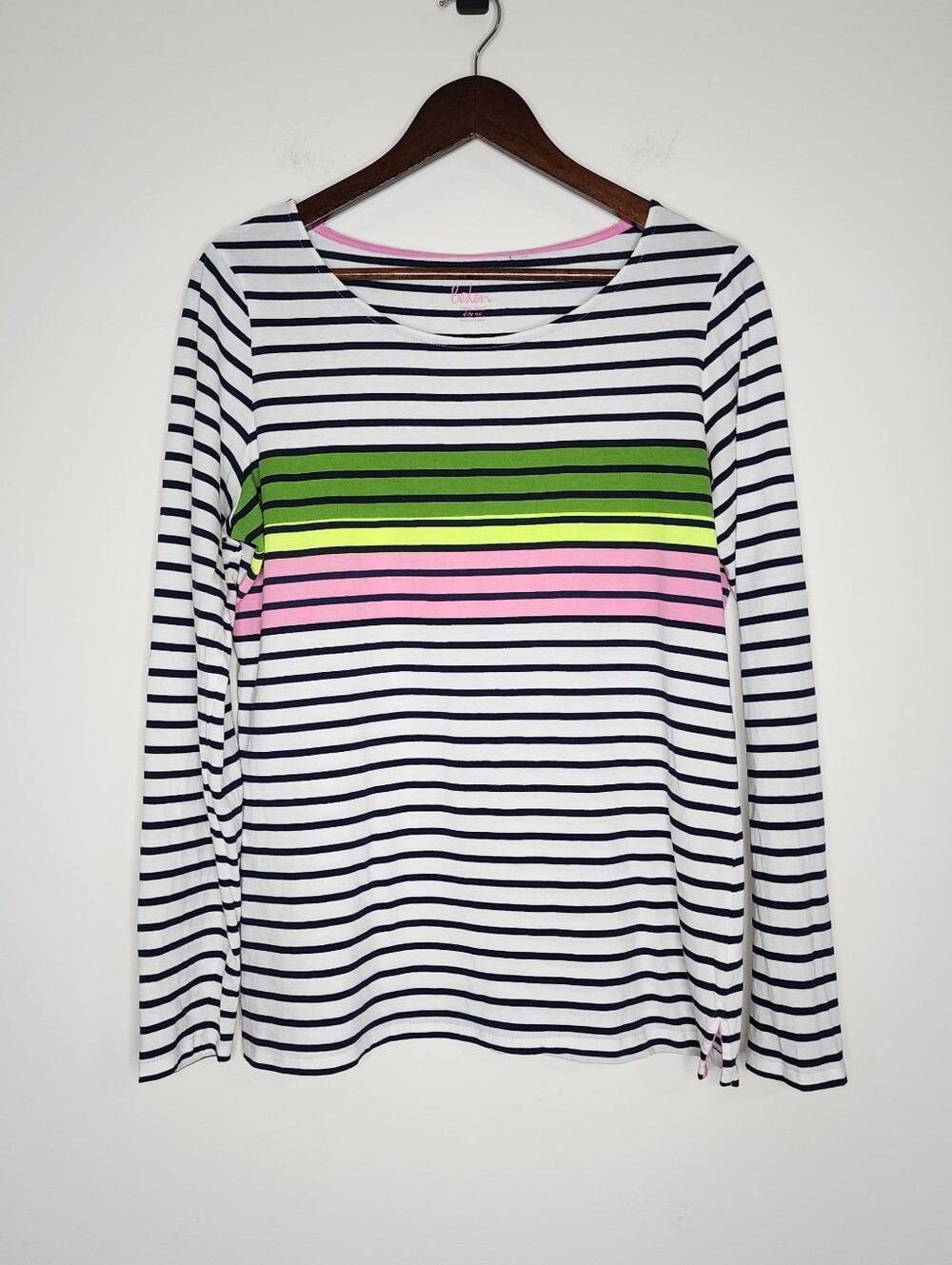 Boden Stripes Ahead Of The Rest Long-Sleeve Crewneck Cotton Shirt Sz 10 Coastal